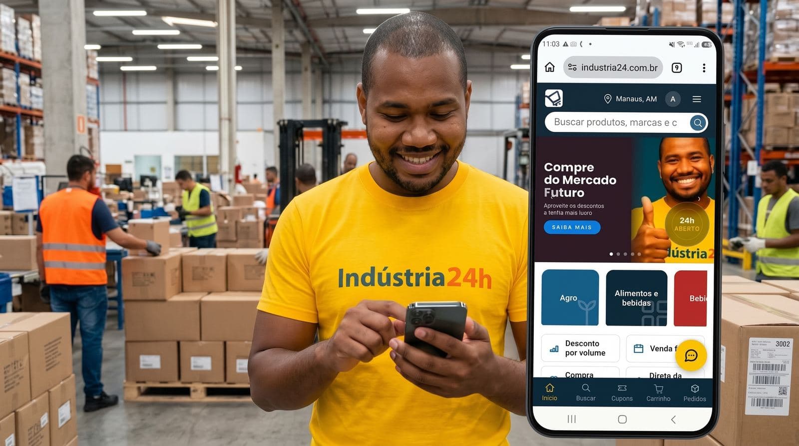 Comprador conferindo a vitrine da Indústria 24h dentro do centro de distribuição