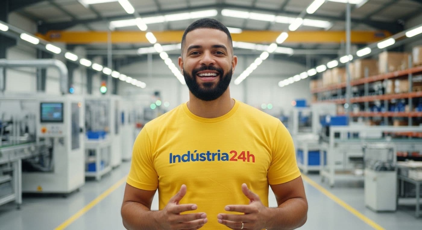 Representante do Indústria 24h dentro de um galpão industrial