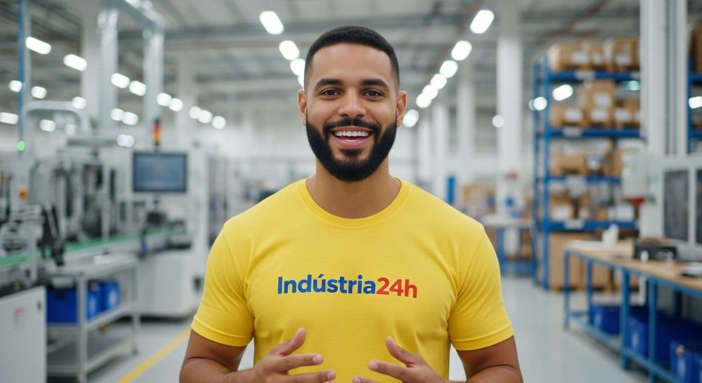 Operador do Indústria 24h no centro de distribuição, com prateleiras de caixas ao fundo